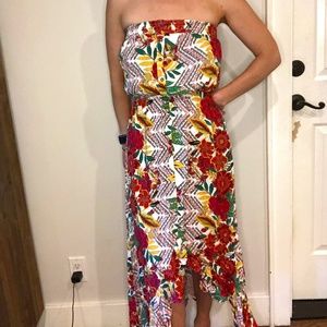 strapless asymmetrical maxi, floral pattern XS